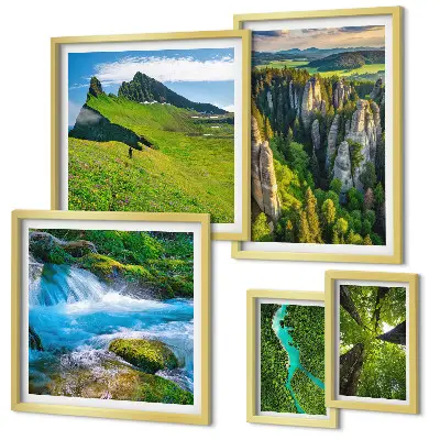 Set of 5 wall art pieces featuring landscape scenes of mountains, rivers, and forests