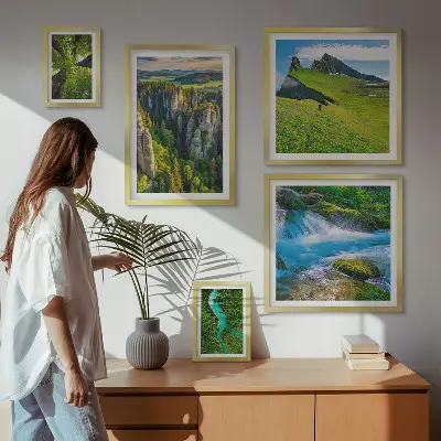 Set of 5 wall art pieces featuring landscape scenes of mountains, rivers, and forests