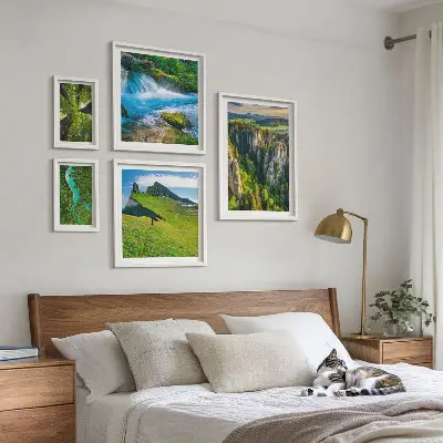 Set of 5 wall art pieces featuring landscape scenes of mountains, rivers, and forests