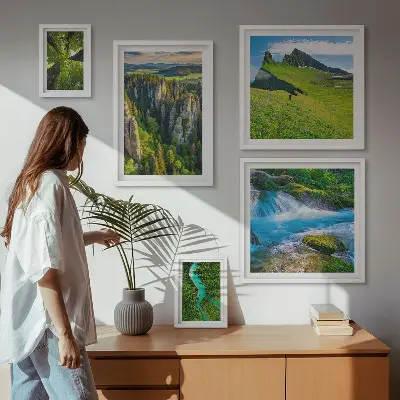 Set of 5 wall art pieces featuring landscape scenes of mountains, rivers, and forests