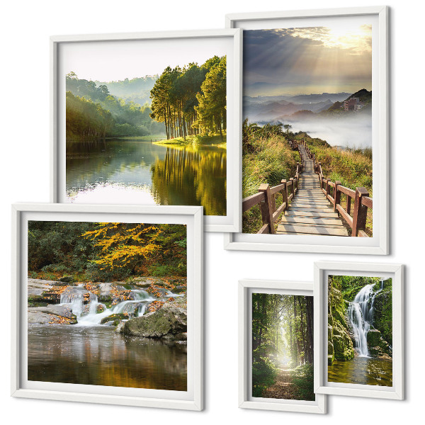 Set of 5 wall art pieces Natural landscapes waterfalls forest paths