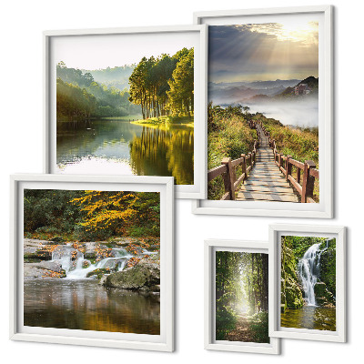 Set of 5 wall art pieces Natural landscapes waterfalls forest paths