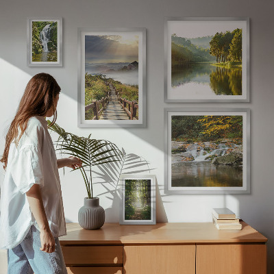 Set of 5 wall art pieces Natural landscapes waterfalls forest paths