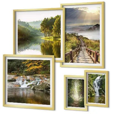 Set of 5 wall art pieces natural landscapes featuring waterfalls and forest paths