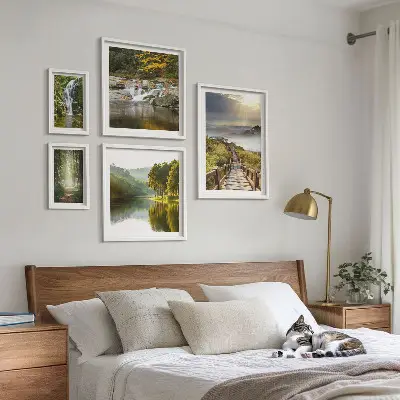Set of 5 wall art pieces natural landscapes featuring waterfalls and forest paths