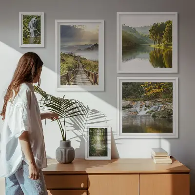 Set of 5 wall art pieces natural landscapes featuring waterfalls and forest paths