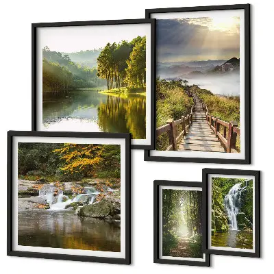 Set of 5 wall art pieces natural landscapes featuring waterfalls and forest paths