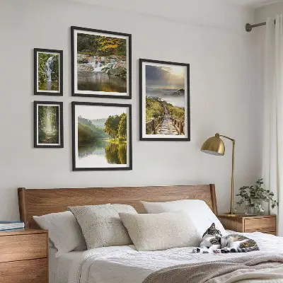 Set of 5 wall art pieces natural landscapes featuring waterfalls and forest paths