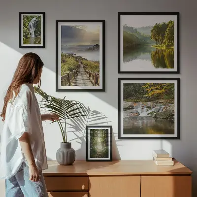 Set of 5 wall art pieces natural landscapes featuring waterfalls and forest paths