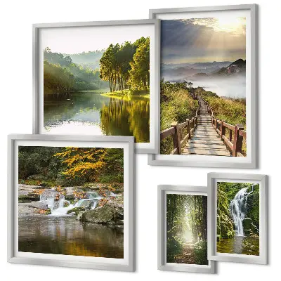 Set of 5 wall art pieces natural landscapes featuring waterfalls and forest paths