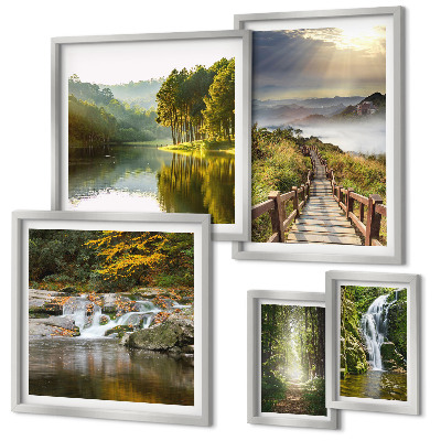 Set of 5 wall art pieces Natural landscapes waterfalls forest paths