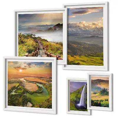 Framed photo set featuring mountain landscapes and waterfalls