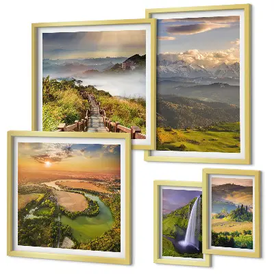 Framed photo set featuring mountain landscapes and waterfalls