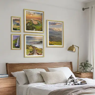 Framed photo set featuring mountain landscapes and waterfalls
