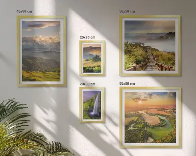 Framed photo set featuring mountain landscapes and waterfalls