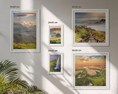 Framed photo set featuring mountain landscapes and waterfalls