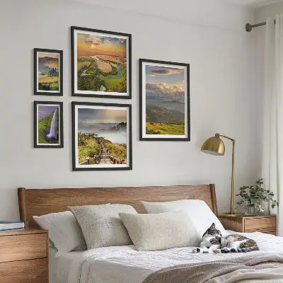 Framed photo set featuring mountain landscapes and waterfalls