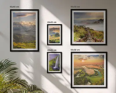 Framed photo set featuring mountain landscapes and waterfalls
