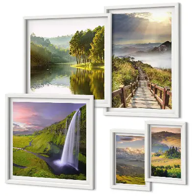 Gallery wall landscape prints of waterfalls and mountains