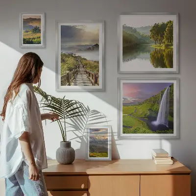Gallery wall landscape prints of waterfalls and mountains