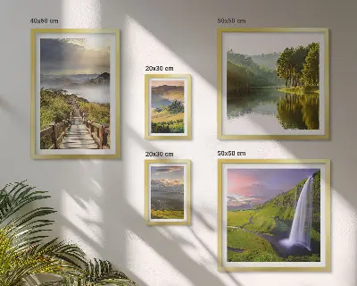 Gallery wall landscape prints of waterfalls and mountains