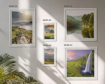 Gallery wall landscape prints of waterfalls and mountains