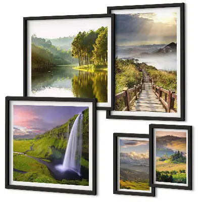 Gallery wall landscape prints of waterfalls and mountains