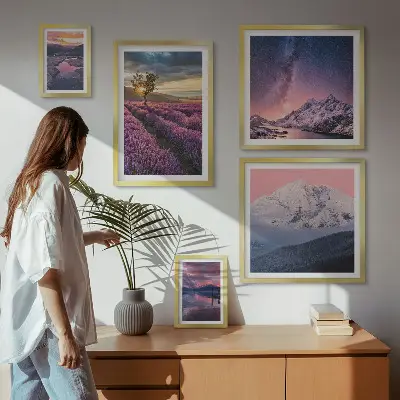 Gallery wall nature landscapes with lavender mountains