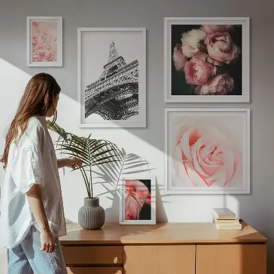 Framed photo set romanticized view of the Eiffel Tower with roses
