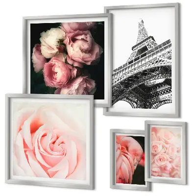 Framed photo set romanticized view of the Eiffel Tower with roses