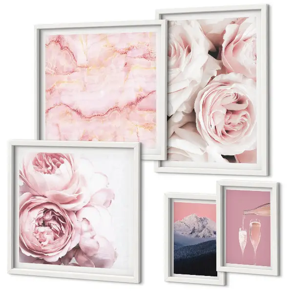 Pink flowers elegant wall art set of 5 pieces
