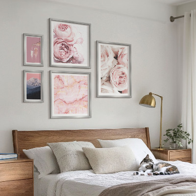 Set of 5 wall art pieces Pink flowers elegant accent