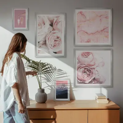 Pink flowers elegant wall art set of 5 pieces