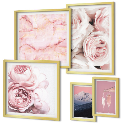 Set of 5 wall art pieces Pink flowers elegant accent