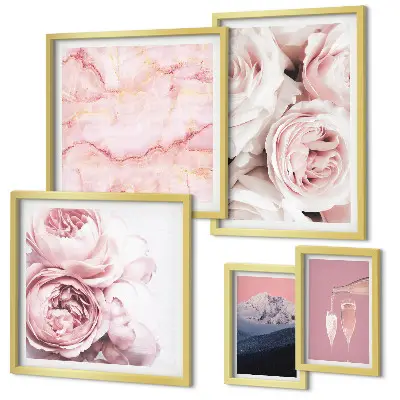 Pink flowers elegant wall art set of 5 pieces