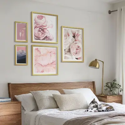 Pink flowers elegant wall art set of 5 pieces