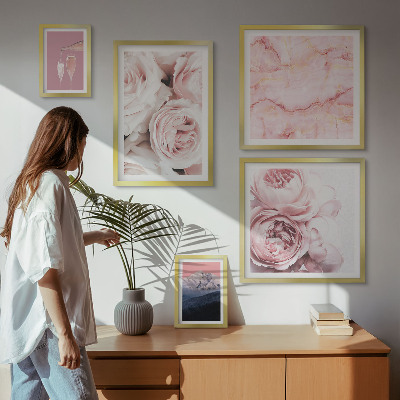 Set of 5 wall art pieces Pink flowers elegant accent