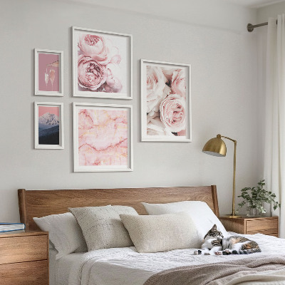 Set of 5 wall art pieces Pink flowers elegant accent