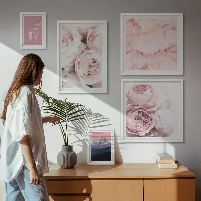 Pink flowers elegant wall art set of 5 pieces