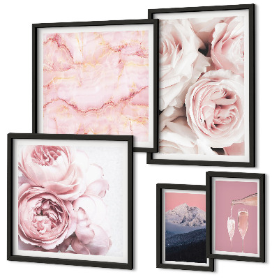 Set of 5 wall art pieces Pink flowers elegant accent
