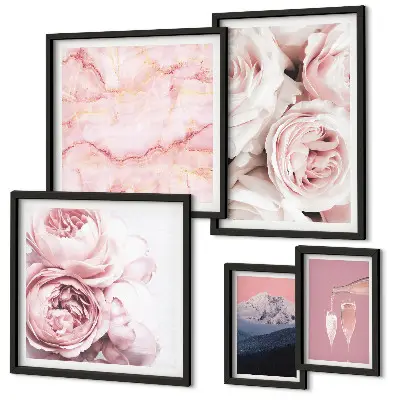 Pink flowers elegant wall art set of 5 pieces