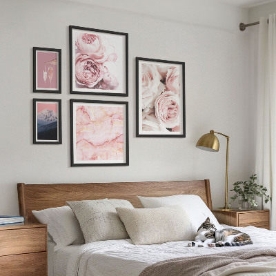 Set of 5 wall art pieces Pink flowers elegant accent