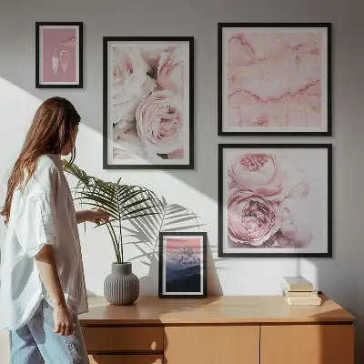 Pink flowers elegant wall art set of 5 pieces