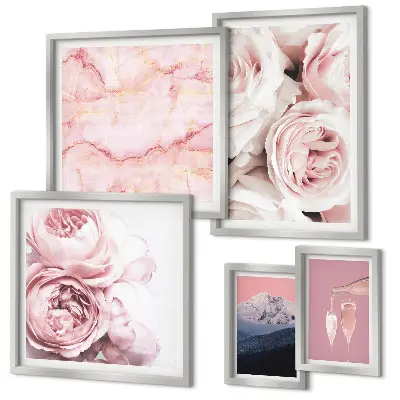 Pink flowers elegant wall art set of 5 pieces
