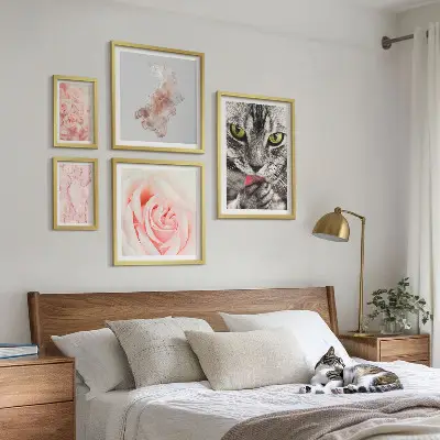 Gallery wall cats and roses in delicate shades