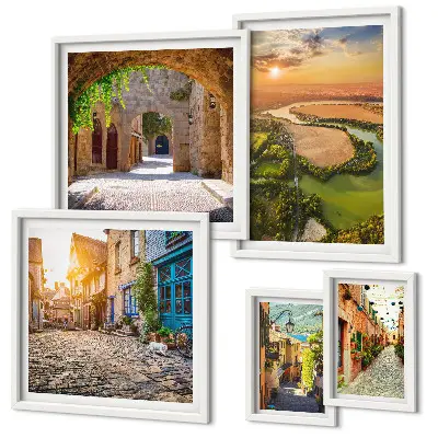 Set of 5 wall art pieces featuring charming picturesque streets