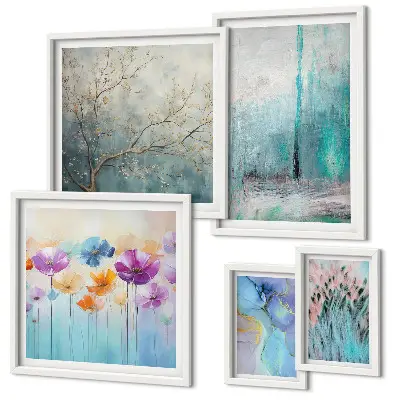 Gallery wall abstract landscapes and flowers