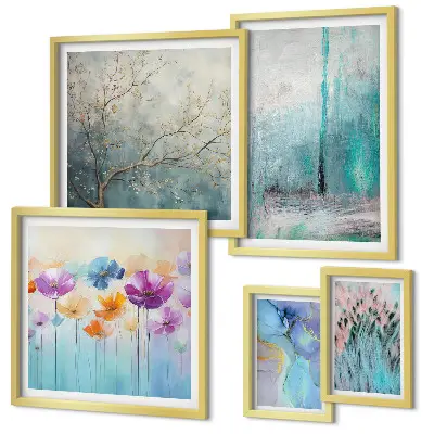 Gallery wall abstract landscapes and flowers