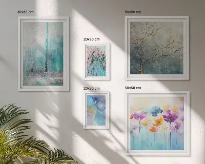 Gallery wall abstract landscapes and flowers