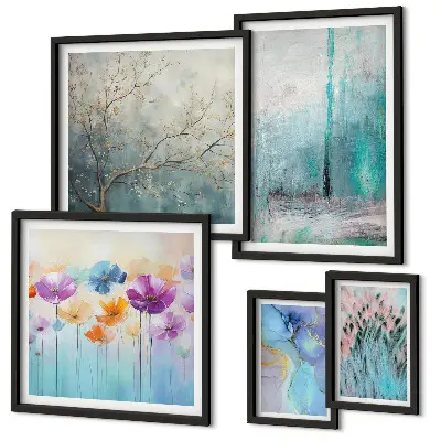 Gallery wall abstract landscapes and flowers